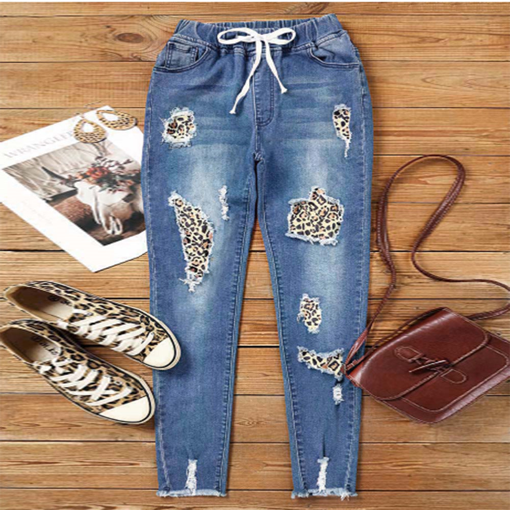 Damen modische Skinny-Jeans mit einzigartigem Leoparden-Design und Destroyed-Details Drune