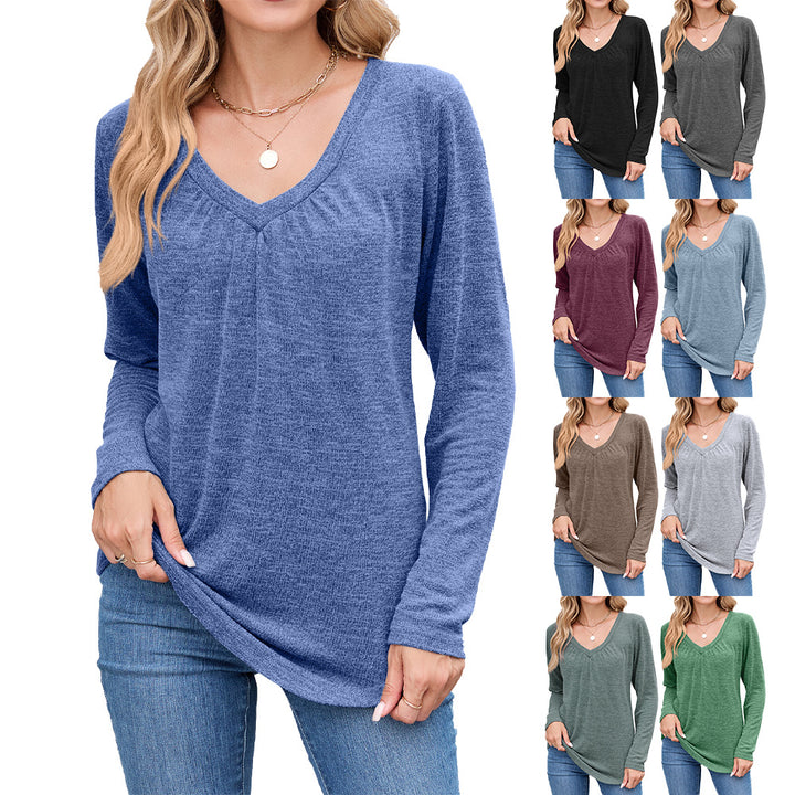 Damen Langarmshirt mit raffiniertem V-Ausschnitt und Falten Drune