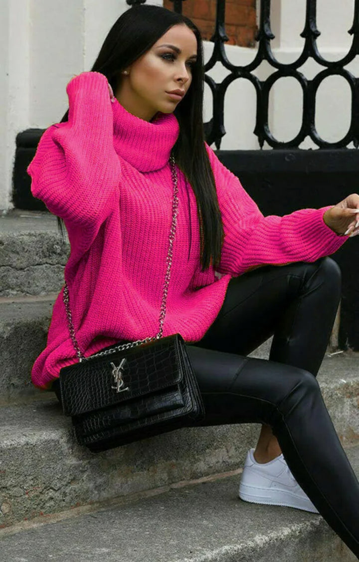 Damen Oversized Strickpullover mit hohem Kragen und modernem Schnitt Drune