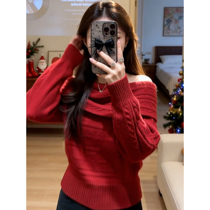 Damen Off-Shoulder Strickpullover mit Rippstruktur Drune