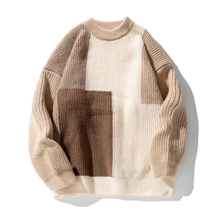 Unisex Grobgestrickter Colorblock-Pullover mit kastigem Oversize‑Schnitt und geripptem Rundhals Drune