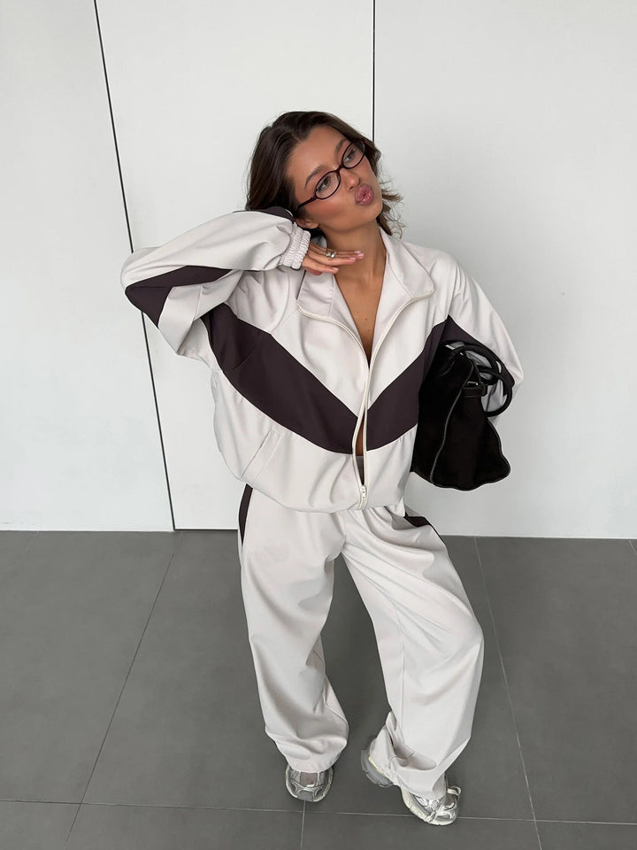 Damen sportives Zweiteiler-Set aus Oversize-Trackjacke mit Reißverschluss und weitem Bundfalten-Hose Drune