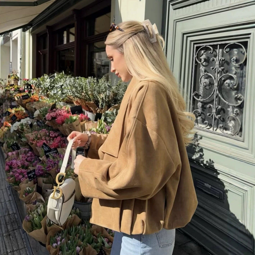 Damen Kurz geschnittene Oversize-Suedejacke mit weitem Wasserfallkragen Drune