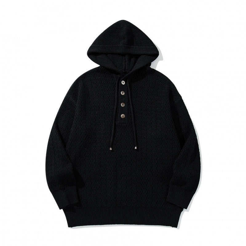 Unisex Strukturstrick-Hoodie mit halber Knopfleiste und Tunnelzugkapuze Drune