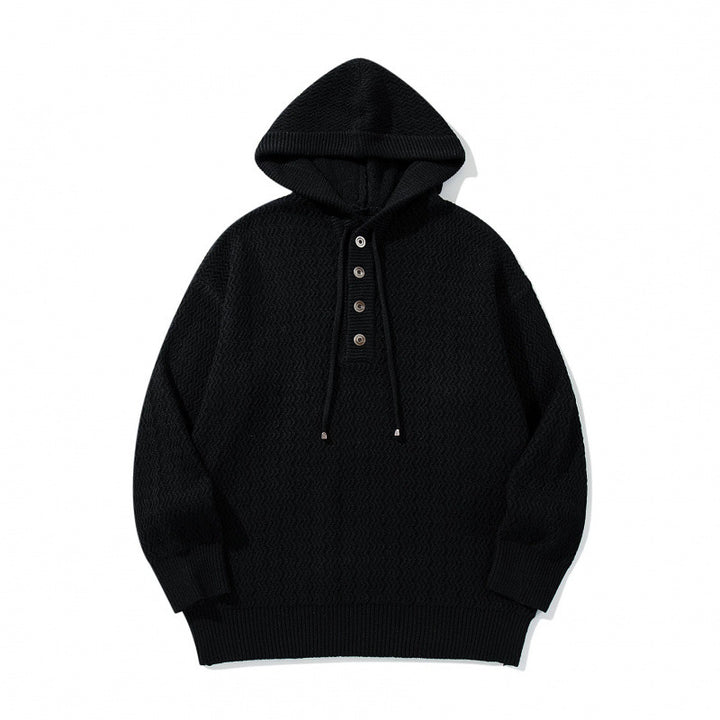 Unisex Strukturstrick-Hoodie mit halber Knopfleiste und Tunnelzugkapuze Drune