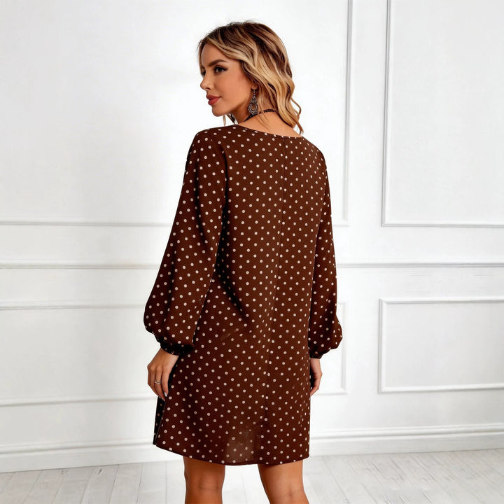 Damen Lockeres Tupfen‑Minikleid mit V‑Ausschnitt, Ballonärmeln und schwingender A‑Linie Drune