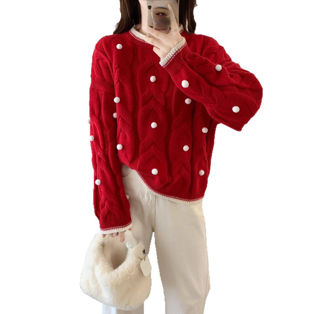 Damen Grob gestrickter Oversize Pullover mit lässigem Zopfmuster und verspielten Applikationen Drune