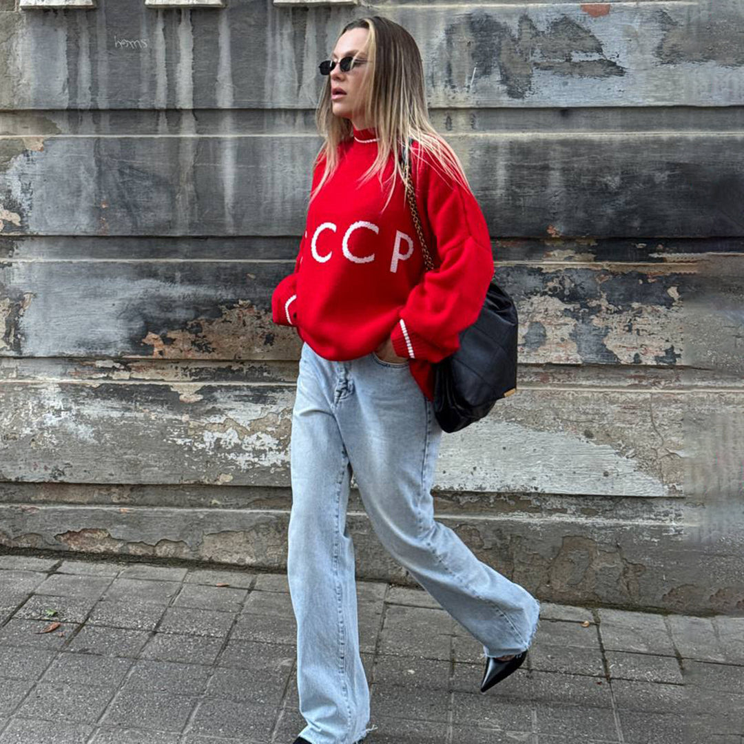 Damen lockerer Strickpullover mit Retro-Print Drune