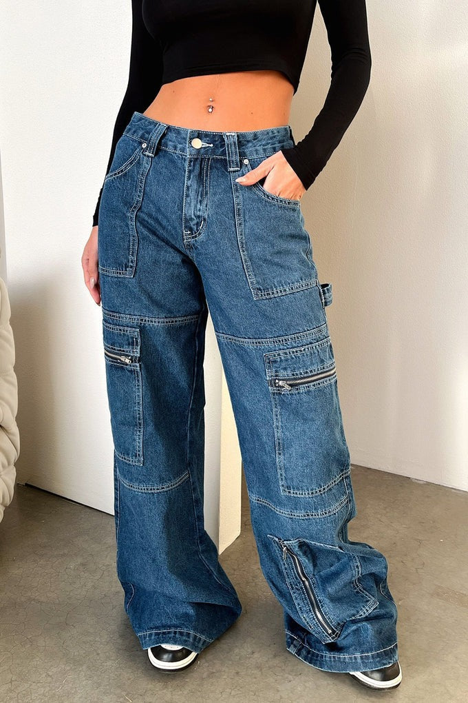 Damen nan weiten Cargo-Jeans mit mehreren Reißverschluss-Taschen und hoher Taille Drune