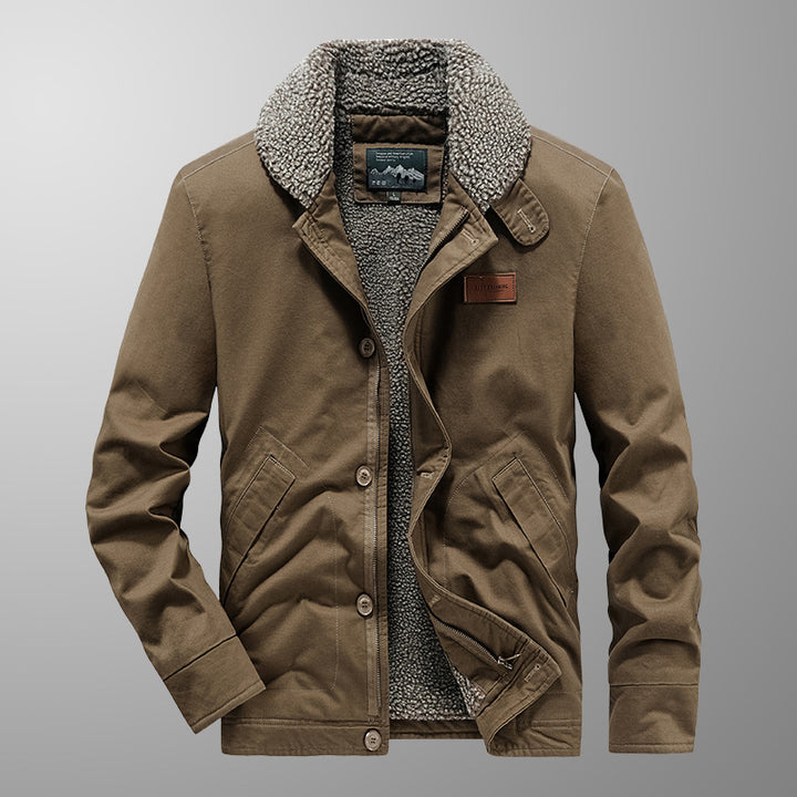 Herren Canvas-Armyblouson mit durchgehendem Teddyfutter, Reißverschluss- und Knopfleiste Drune