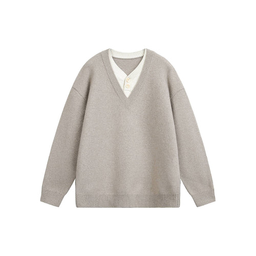 Damen Oversize V Neck Strickpullover mit Henley-Optik und gerippten Bündchen Drune