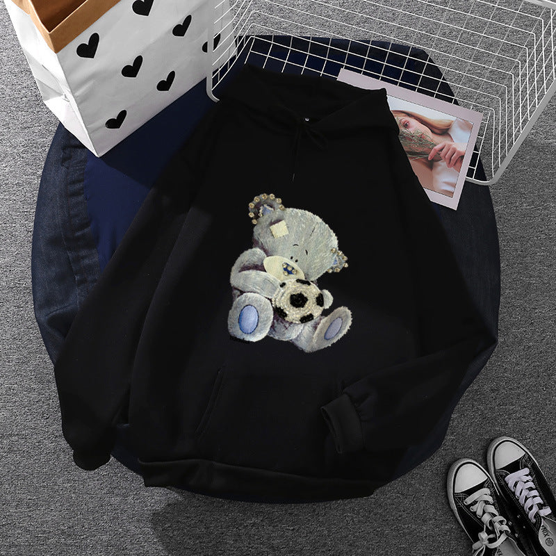 Damen nan kuscheliger Kapuzenpullover mit Teddy-Applikation, weichem Fleece-Futter und Kängurutasche Drune