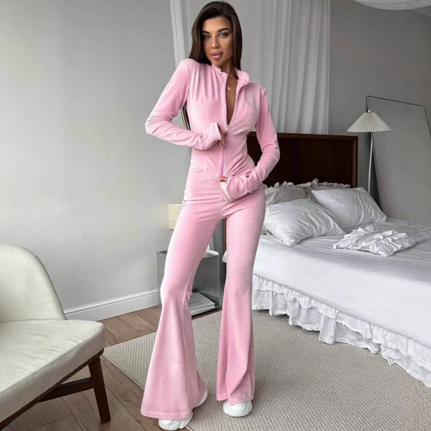 Damen Fleece-Jogginganzug mit elegantem Reißverschluss und ausgestellten Beinen Drune