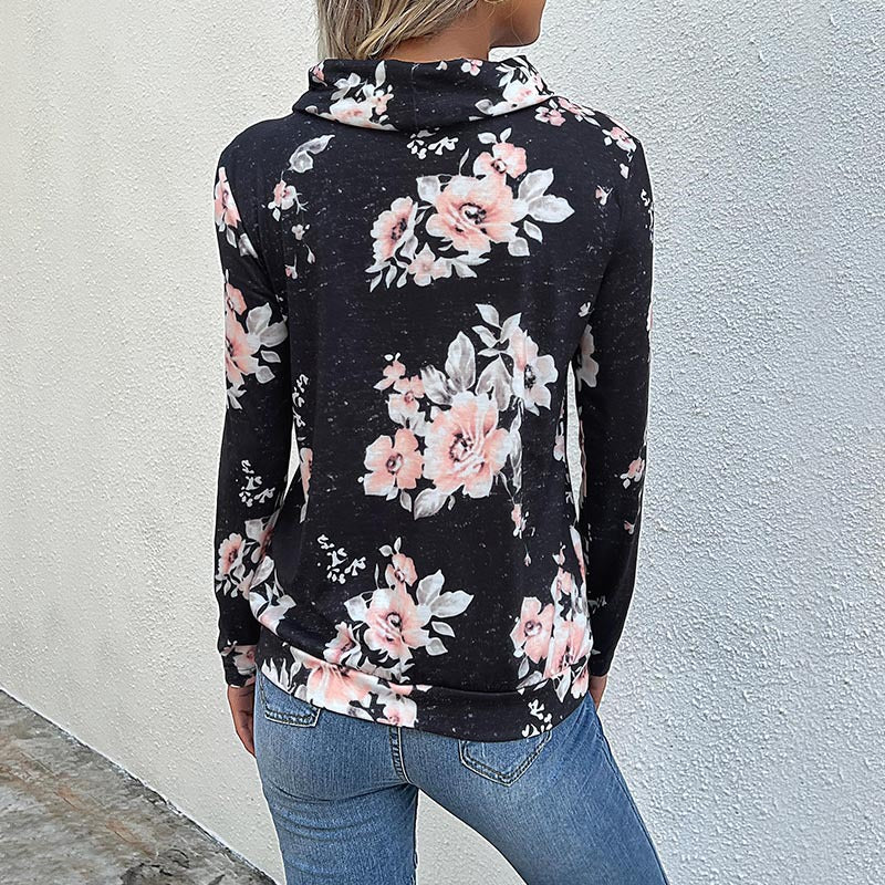 Damen Floraler Leichter Kapuzenpullover mit Wasserfallkragen und Tunnelzug Drune