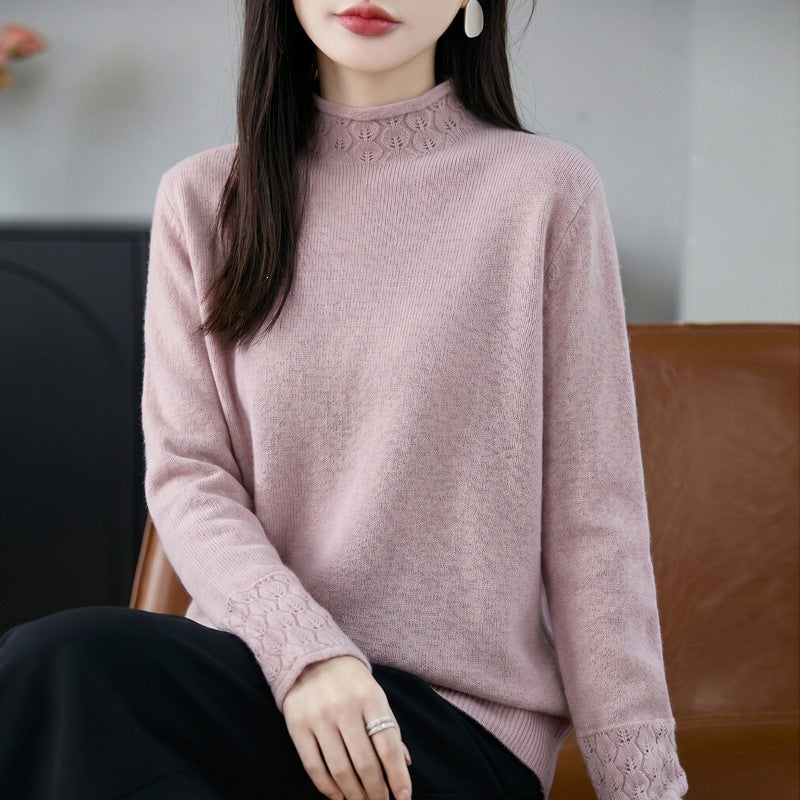 Damen Mockneck-Feinstrickpullover mit Ajour-Detail an Kragen und Bündchen Drune