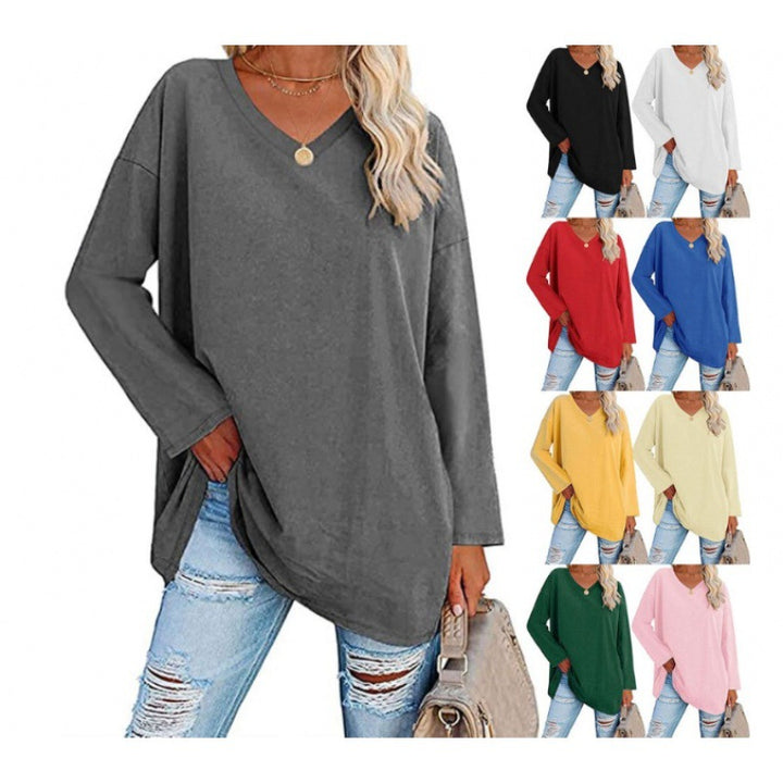 Damen Lässiges V-Ausschnitt Sweatshirt mit langen Ärmeln und asymmetrischem Saum Drune