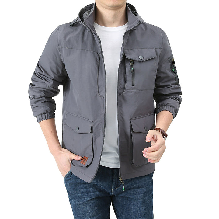 Herren  Kapuzen leichte Utility-Feldjacke mit Mehrfachtaschen, Reißverschluss und Druckknopfverschluss Drune