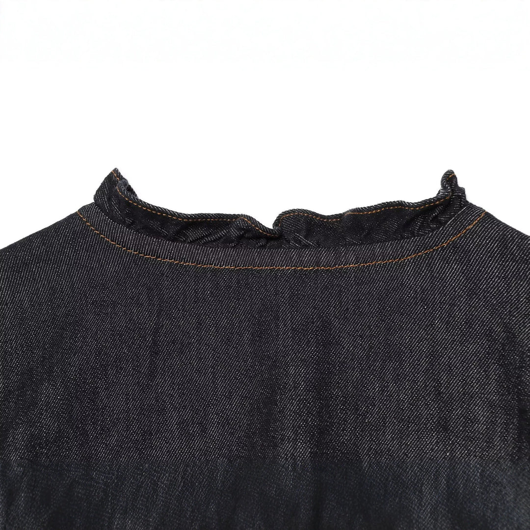 Damen Jeansbluse mit Rüschenleiste, Tunnelzug‑Taille und Manschettenärmel Drune