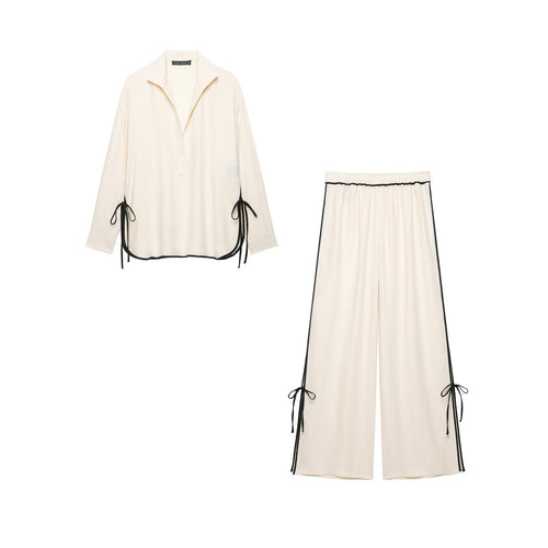 Damen Oversize-Tunika mit V-Ausschnitt, Reverskragen und seitlichen Bändchen-Details Drune