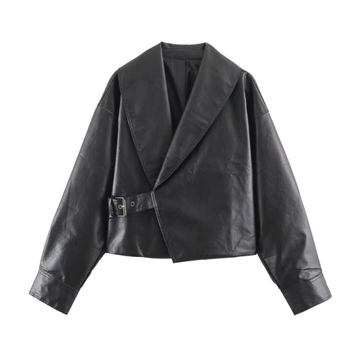 Damen Kurzer Kunstleder-Blouson mit übergroßem Schalkragen und Taillenriemen Drune