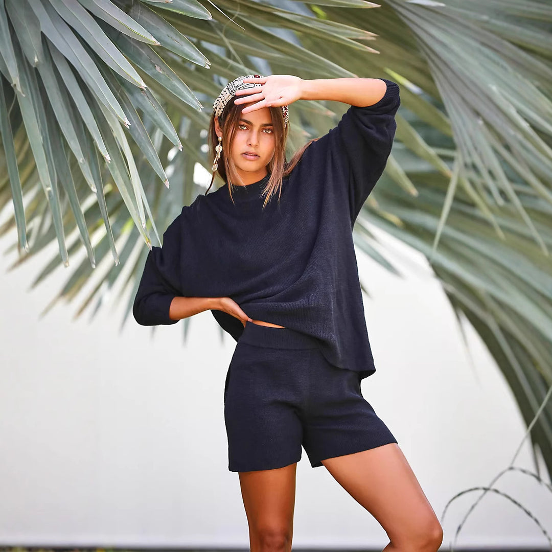 Damen lässiges Strickkleid mit tiefem Kragen und weiten Ärmeln Drune