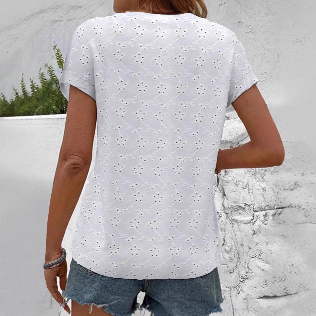 Damen luftige Bluse mit floralen Lochstickereien und durchgehender Knopfleiste Drune