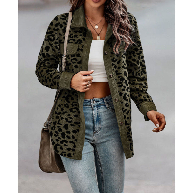 Damen tierisches Print-Langarm-Hemdjacke mit aufgesetzten Taschen Drune