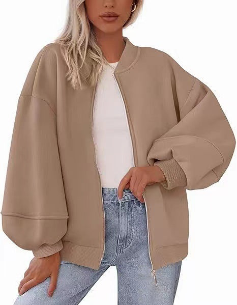 Damen Oversize Bomberjacke mit Ballonärmeln und durchgehendem Reißverschluss Drune