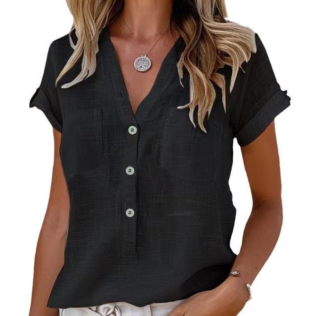 Damen Kurzarm Leinenbluse mit Knopfdetails Drune