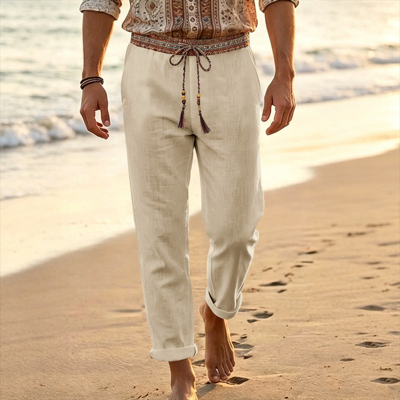 Herren nan maritime Leinen-Loungehose mit dekorativem Ethno-Bund, elastischem Tunnelzug und geradem Bein Drune