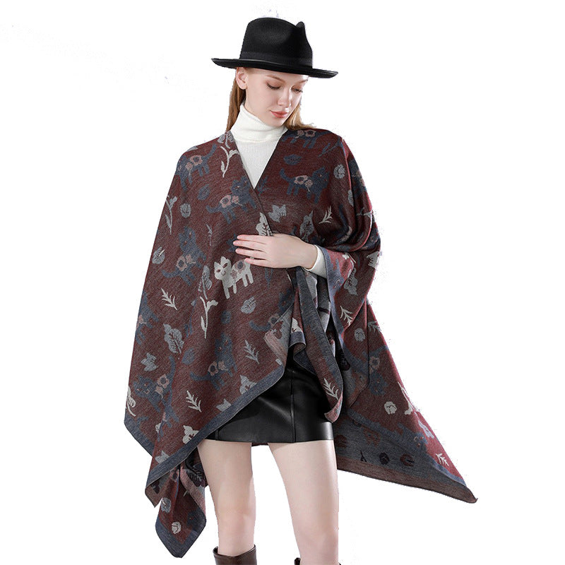 Damen Oversized Ruana im Jacquard mit Katzen- & Blumenmotiv Drune