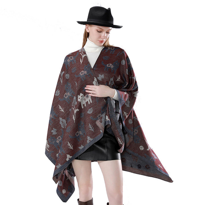 Damen Oversized Ruana im Jacquard mit Katzen- & Blumenmotiv Drune