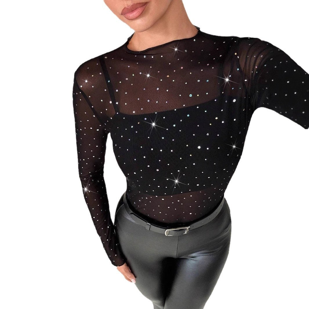 Damen nan transparentes Langarm-Netzshirt mit Strassapplikationen und integriertem Untertop Drune