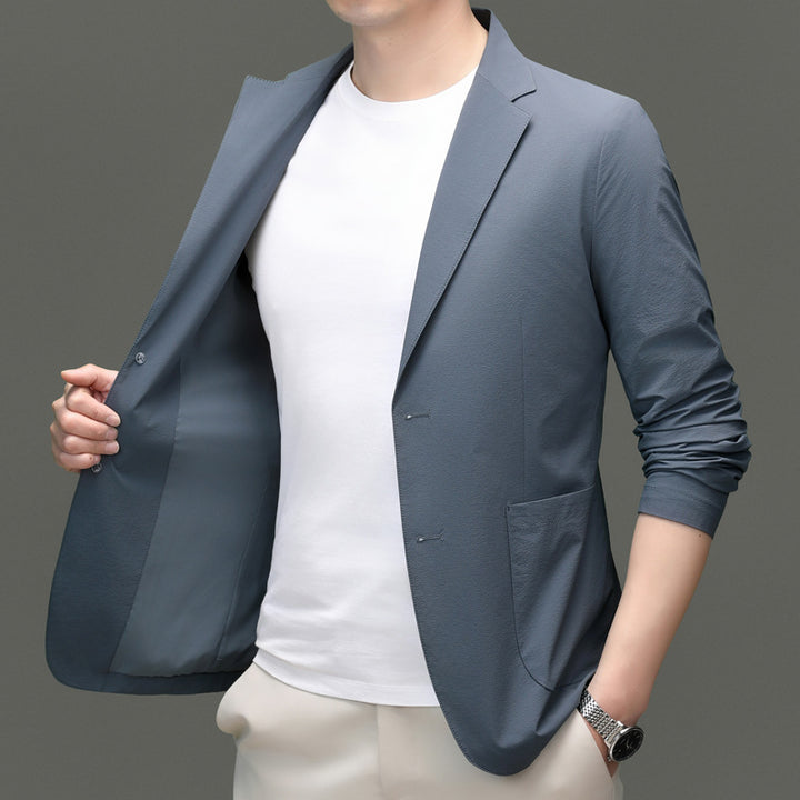 Herren eleganter Freizeitblazer aus atmungsaktivem Gewebe mit modischem Stehkragen Drune