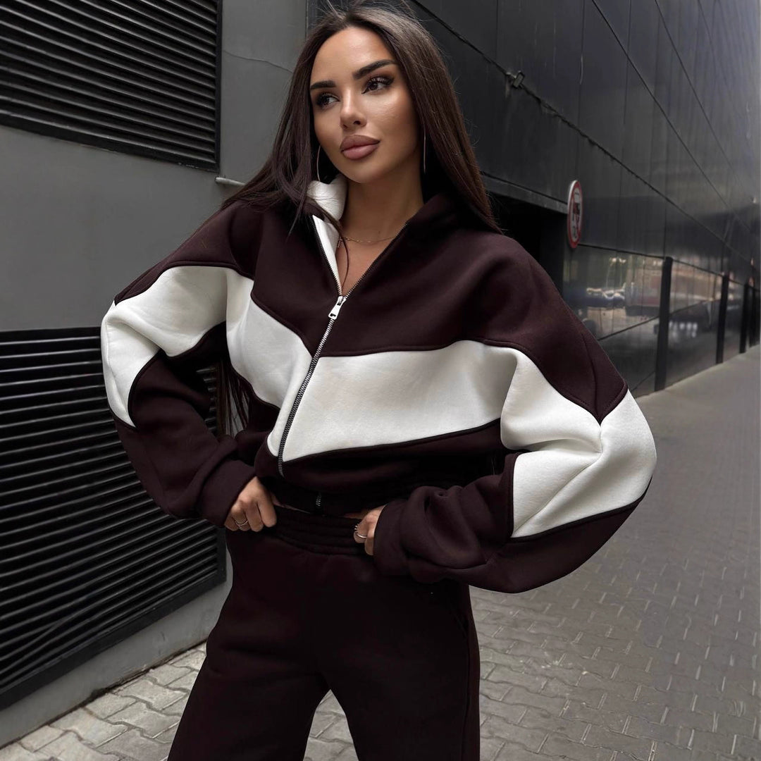 Damen Athleisure-Zweiteiler aus schwerem Neopren-Fleece mit geometrischen Teilungsnähten und hoher Taille Drune