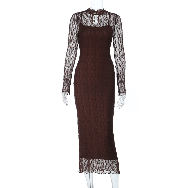 Damen Elegantes Kleid mit transparenten Spitzenärmel Drune