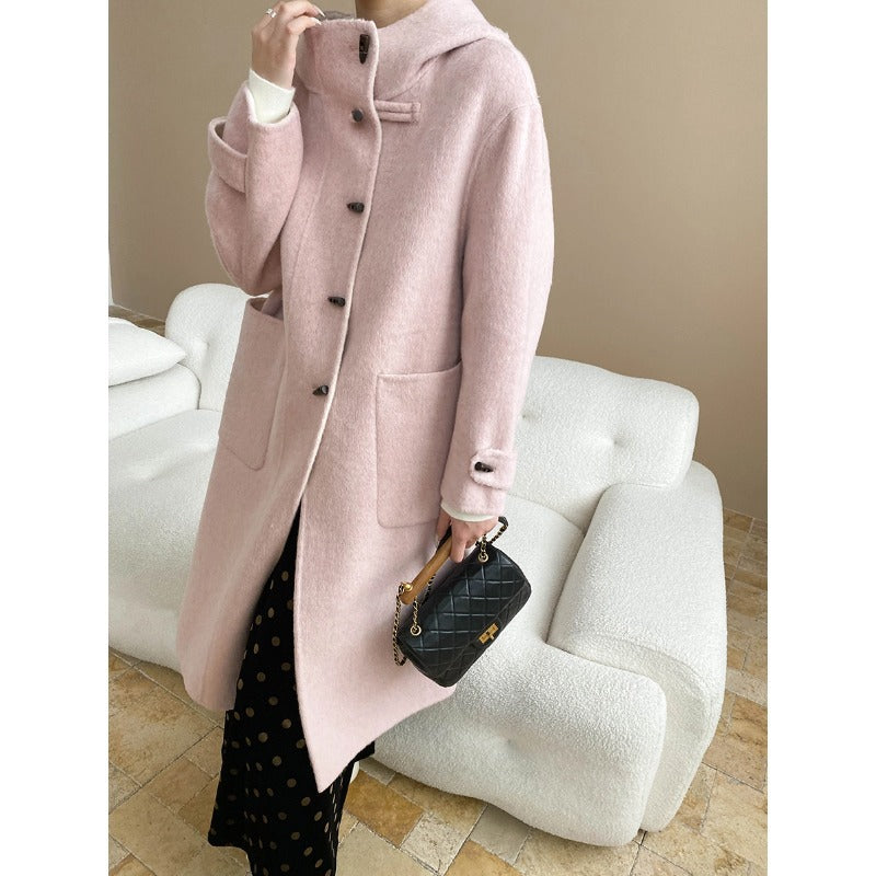 Damen eleganter Wollmantel mit hohem Kragen und Knopfdetails Drune