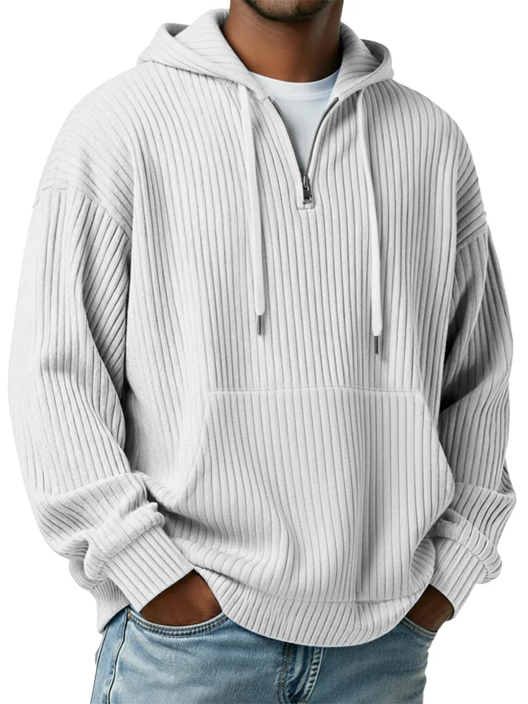 Herren gerippter Halfzip-Hoodie mit Kapuze, Kängurutasche und oversized Casual-Schnitt Drune