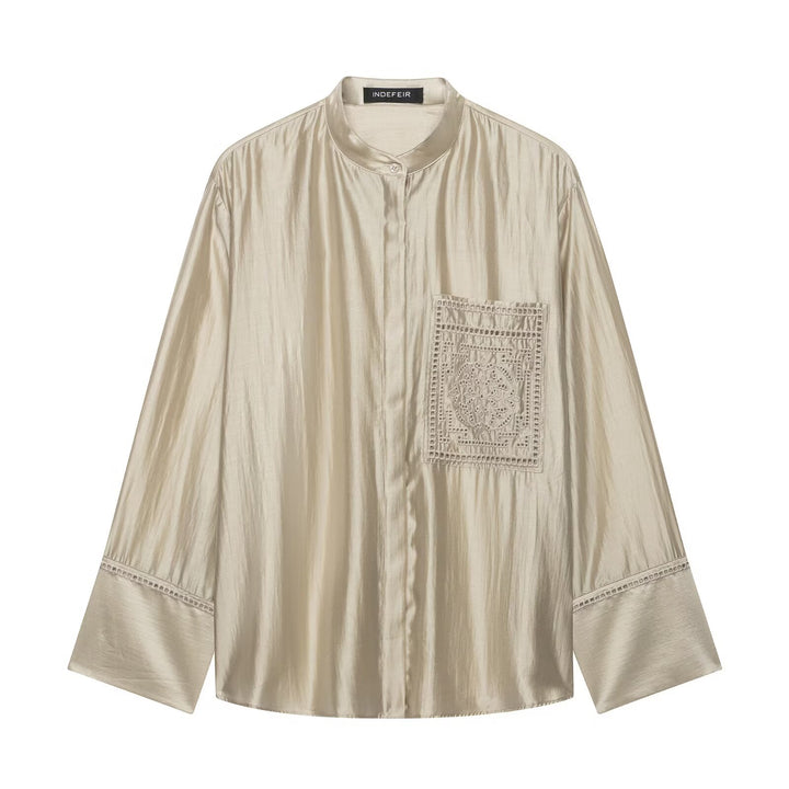 Damen Oversize Seidenoptik-Bluse mit Stehkragen und bestickter Brusttasche Drune