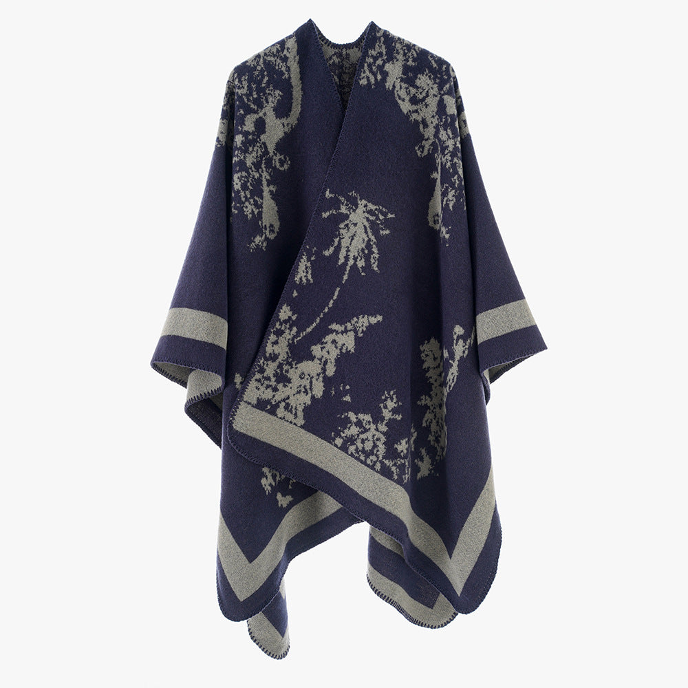 Damen Oversize-Jacquard-Cape aus Wollmix mit abstraktem Blumenmuster Drune