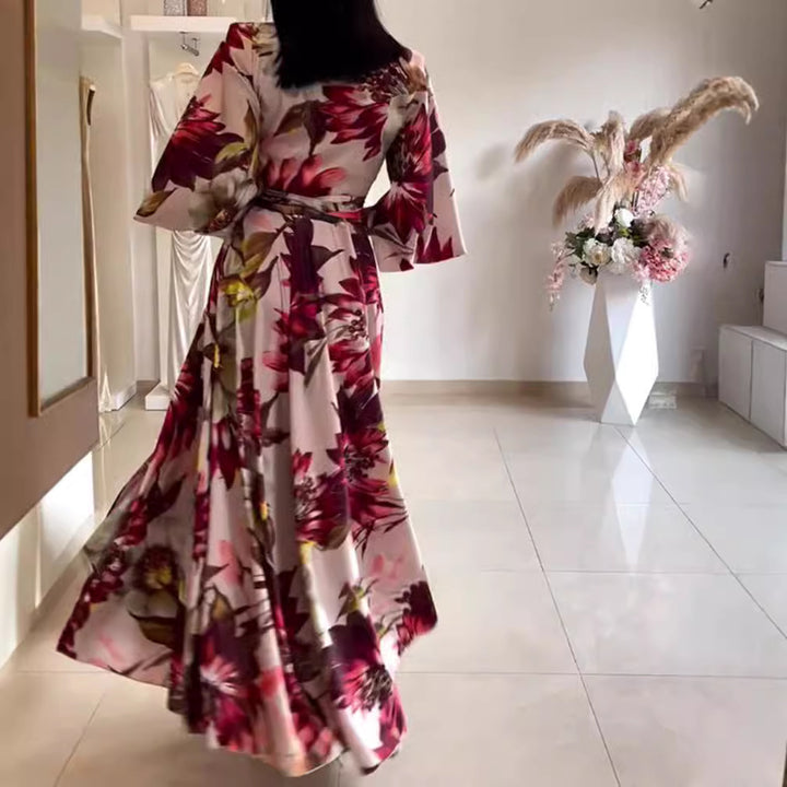 Damen nan Maxikleid mit Reverskragen, Kimonoärmeln und taillierendem Bindegürtel Drune