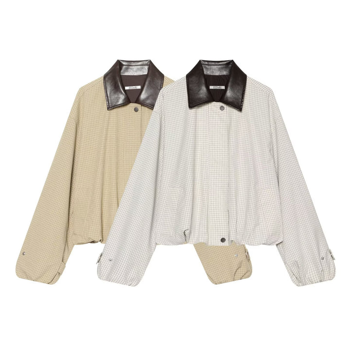 Damen Kurzgeschnittener Karierter Blouson mit kontrastierendem Lederkragen Drune