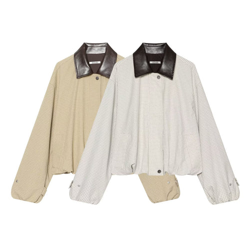 Damen Kurzgeschnittener Karierter Blouson mit kontrastierendem Lederkragen Drune