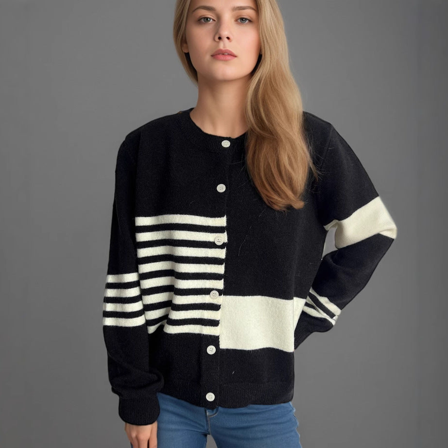Damen lässige Strickjacke mit kontrastierenden Streifen und eleganten Knopfdetails Drune