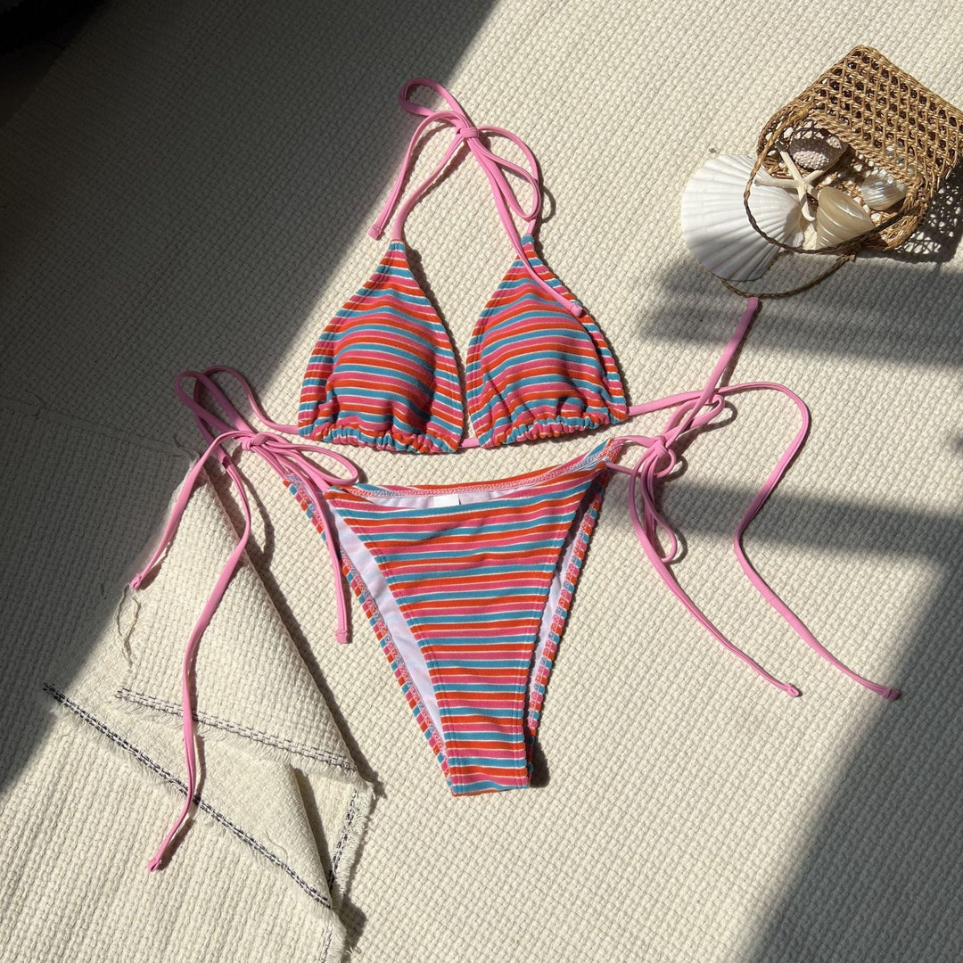 Damen Triangel-Bikini mit verstellbaren Bändern und buntem Streifenmuster Drune