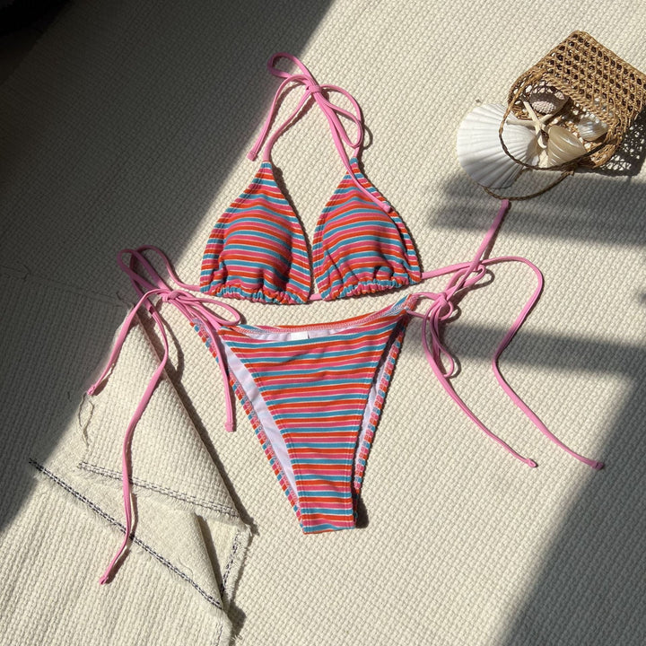 Damen Triangel-Bikini mit verstellbaren Bändern und buntem Streifenmuster Drune
