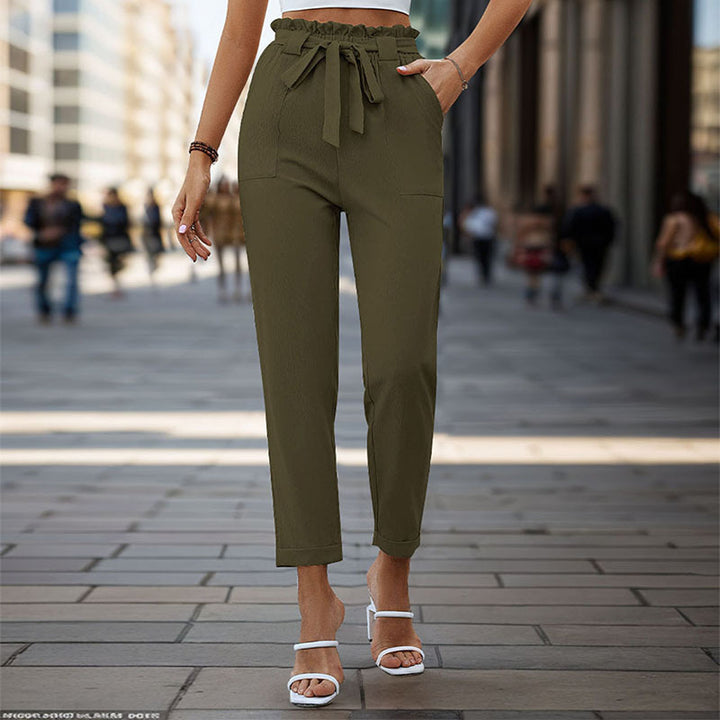 Damen Leichte Paperbag-Hose mit Gummibund, Bindegürtel und aufgesetzten Taschen Drune