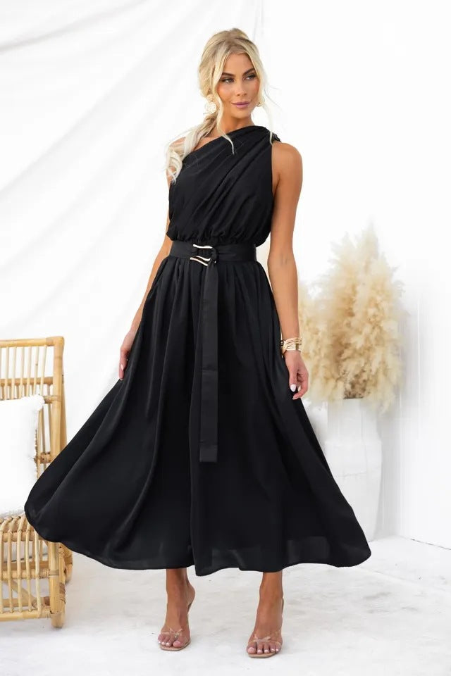 Damen Abendkleid mit asymmetrischem Trägerdesign und elegantem Taillengürtel Drune