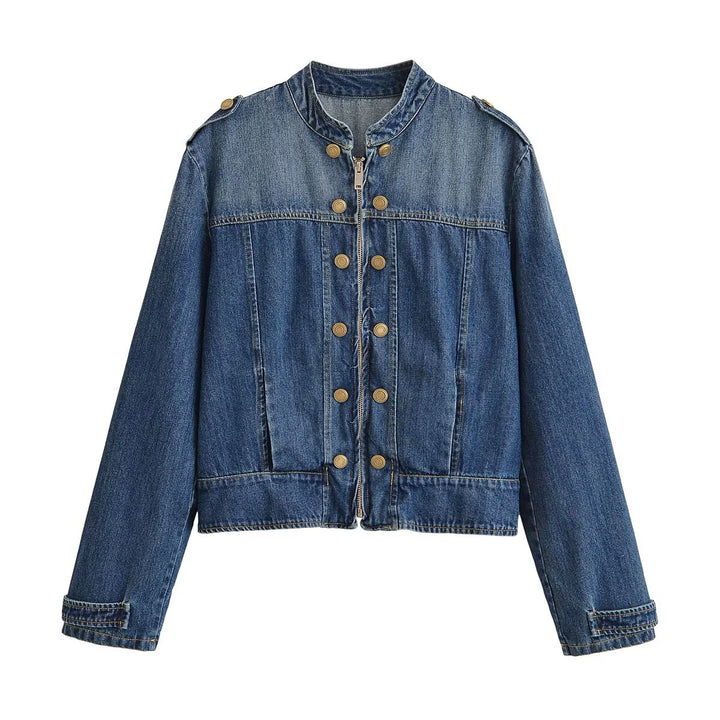 Damen Jeansjacke im Military‑Stil mit Stehkragen, doppelter Zierknopfleiste und Schulterklappen Drune