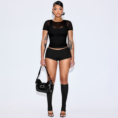Damen Sportliches Oberteil und Shorts-Set mit transparenten Ärmeln Drune